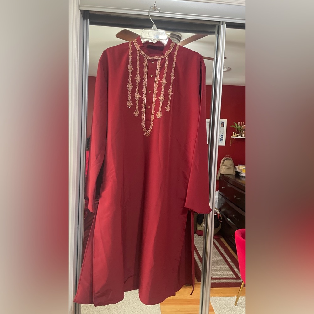 Mens Red Embroidered Kurta - Picture 2 of 4